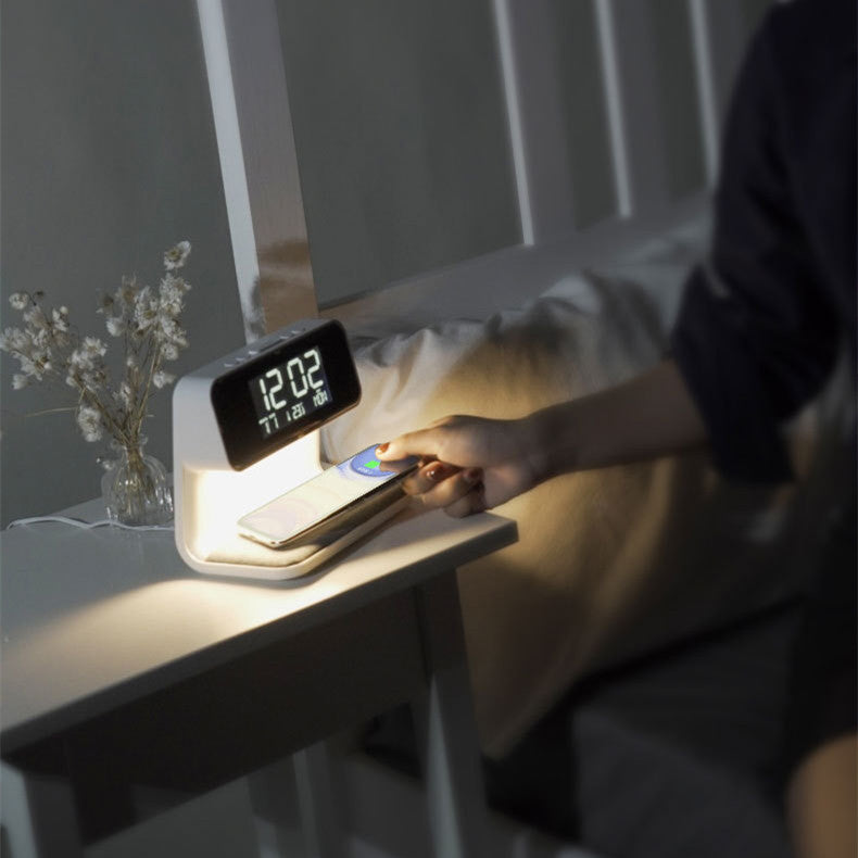 Creative 3 In 1 Bedside Lamp Wireless Charging LCD Screen Alarm Clock Wireless Phone Charger For Iphone
