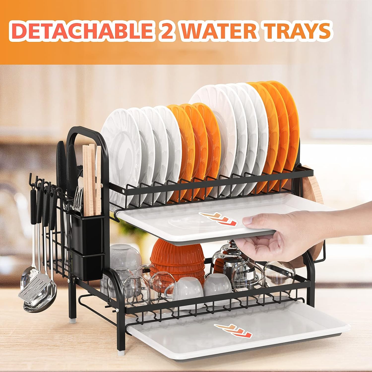 2-Tier Dish Drying Rack with Drainboard, Utensil Holder And Cutting Board Holder