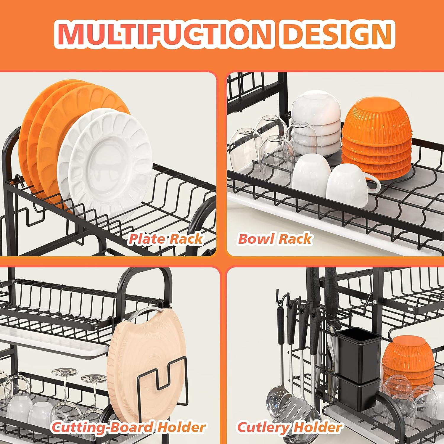 2-Tier Dish Drying Rack with Drainboard, Utensil Holder And Cutting Board Holder