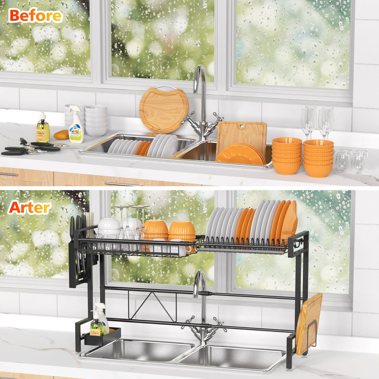 Over-The-Sink 2-Tier Dish Drying Rack with Utensil Holder, Cutting Board Holder