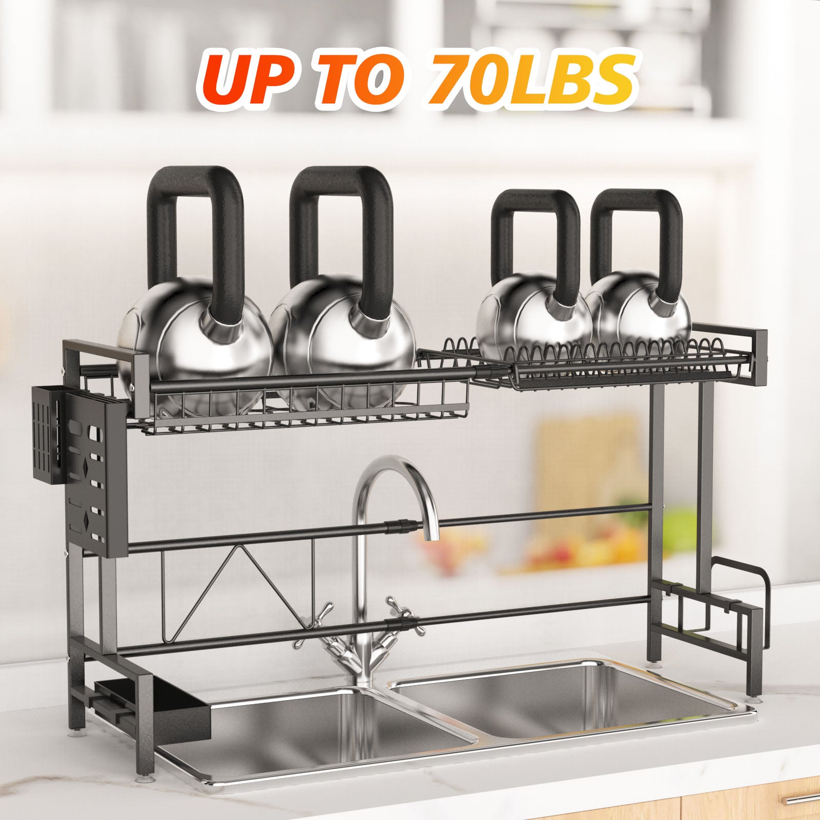 Over-The-Sink 2-Tier Dish Drying Rack with Utensil Holder, Cutting Board Holder