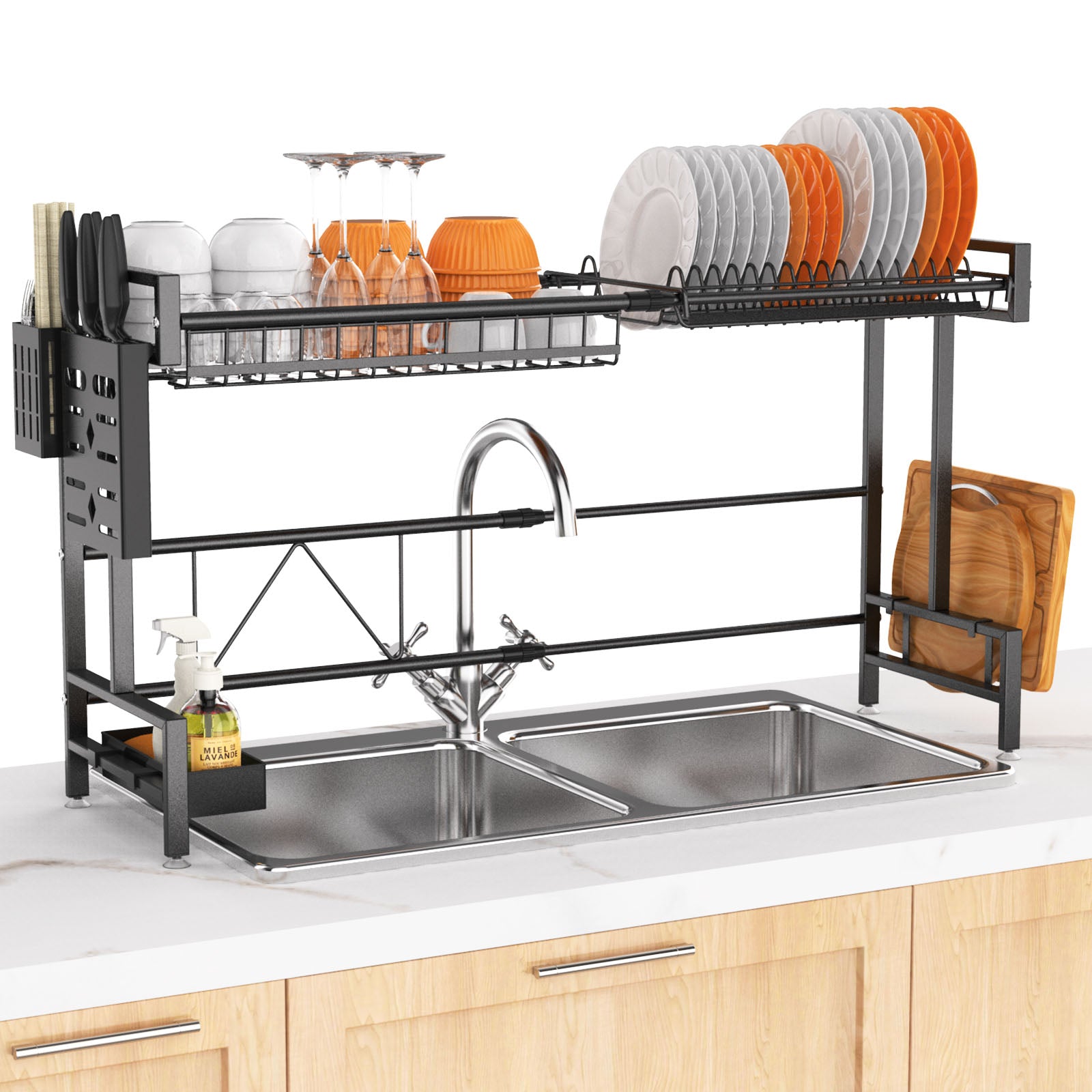 Over-The-Sink 2-Tier Dish Drying Rack with Utensil Holder, Cutting Board Holder