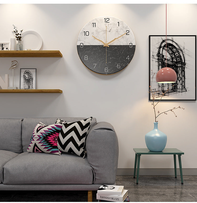 Nordic Fashion Marble Texture Metal Living Room Round Wall Clock Minimalist Creative Clock