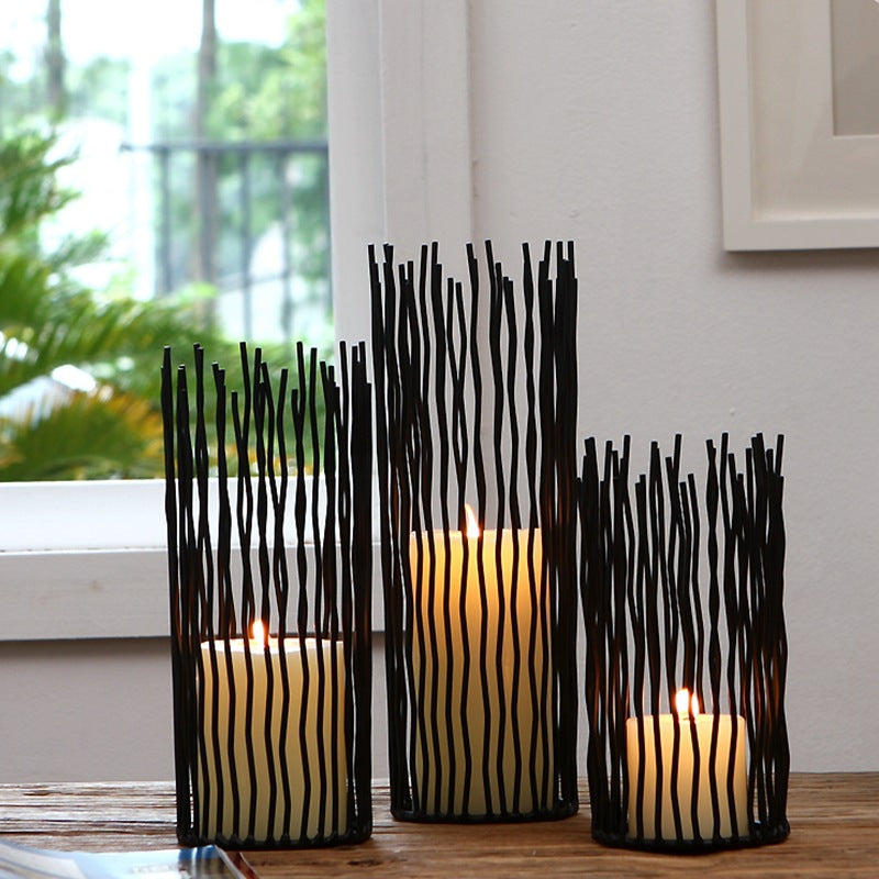 Archaic Style Black Iron Geometric Candle Holder