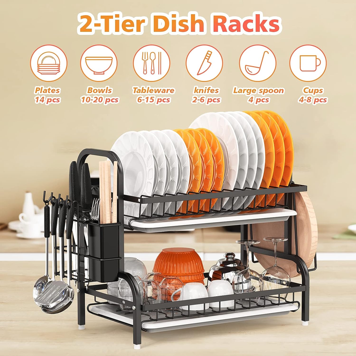 2-Tier Dish Drying Rack with Drainboard, Utensil Holder And Cutting Board Holder