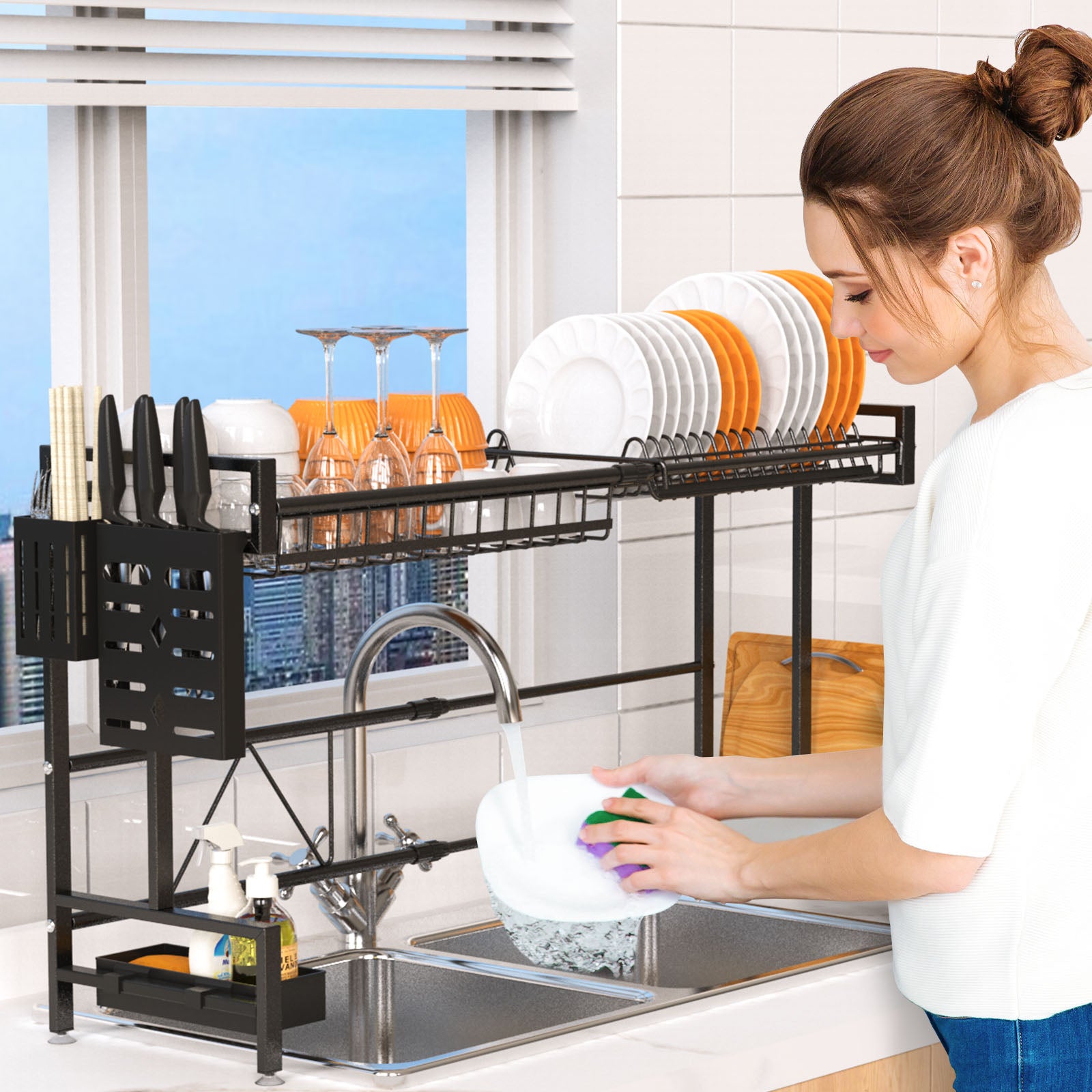 Over-The-Sink 2-Tier Dish Drying Rack with Utensil Holder, Cutting Board Holder