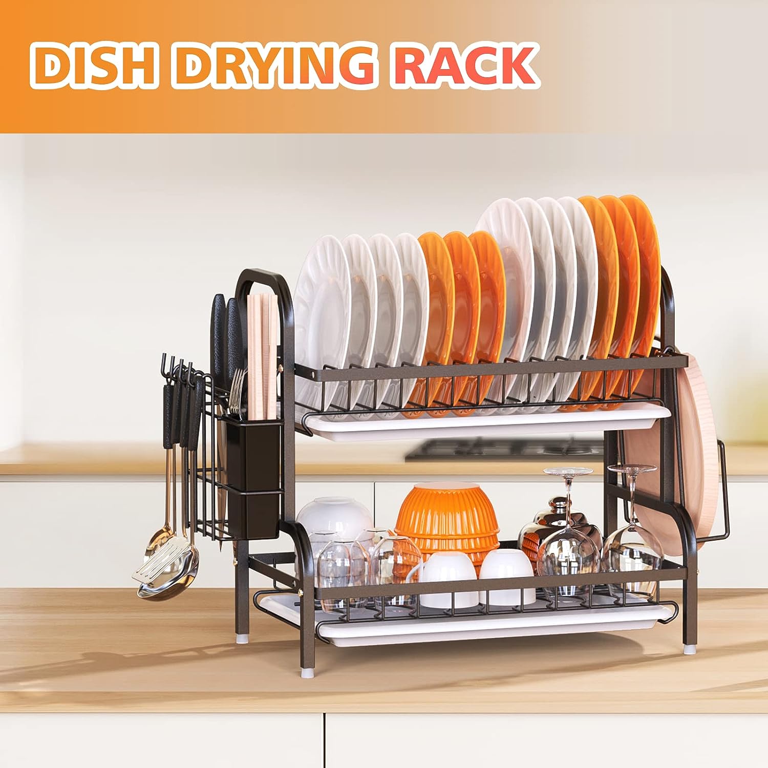 2-Tier Dish Drying Rack with Drainboard, Utensil Holder And Cutting Board Holder