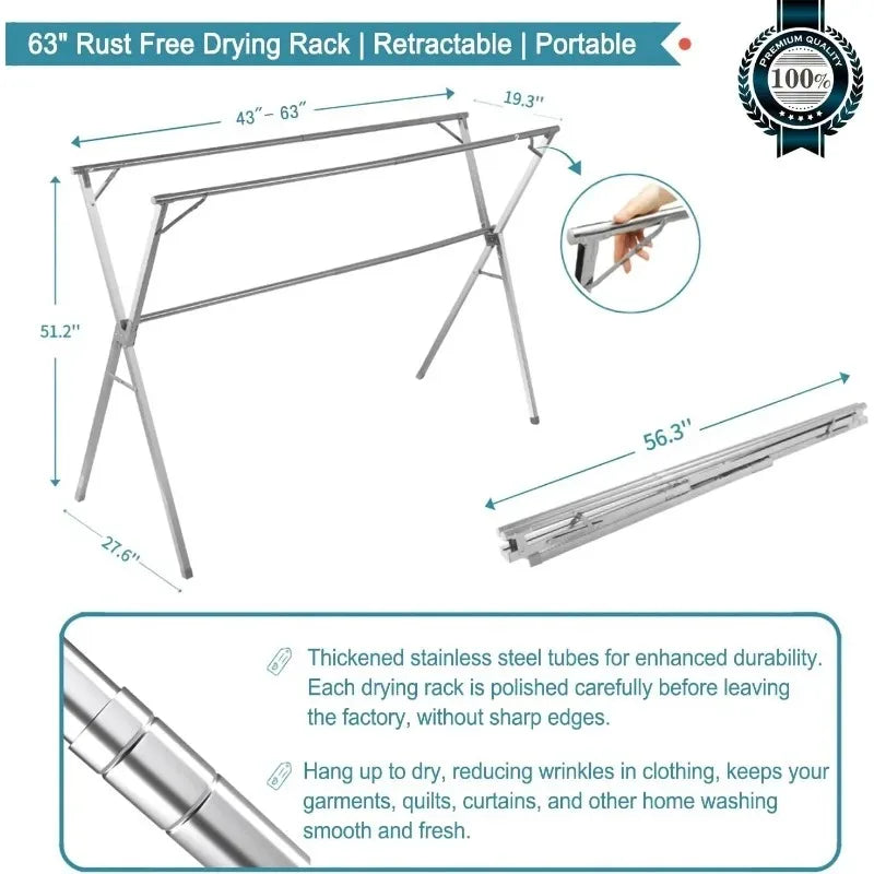 63-95 Inch Clothes Foldable  Drying Rack - Heavy Duty Stainless Steel - Multiple Sizes!