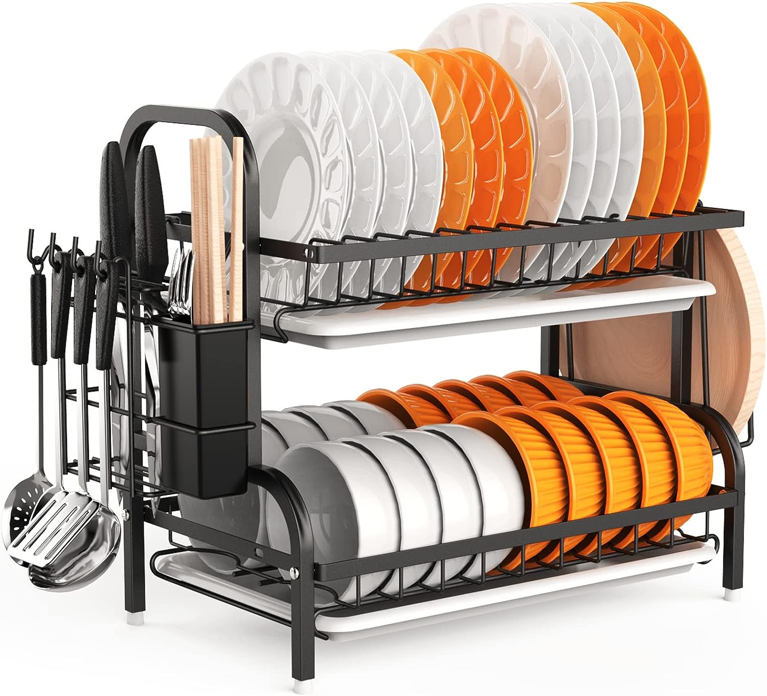 2-Tier Dish Drying Rack with Drainboard, Utensil Holder And Cutting Board Holder