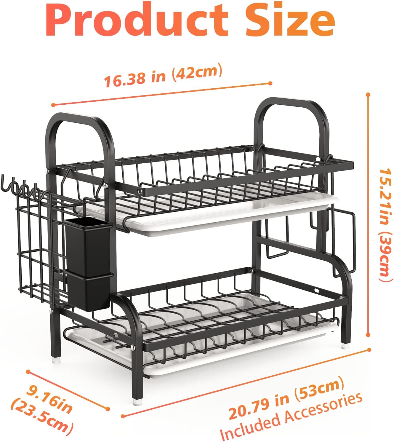 2-Tier Dish Drying Rack with Drainboard, Utensil Holder And Cutting Board Holder