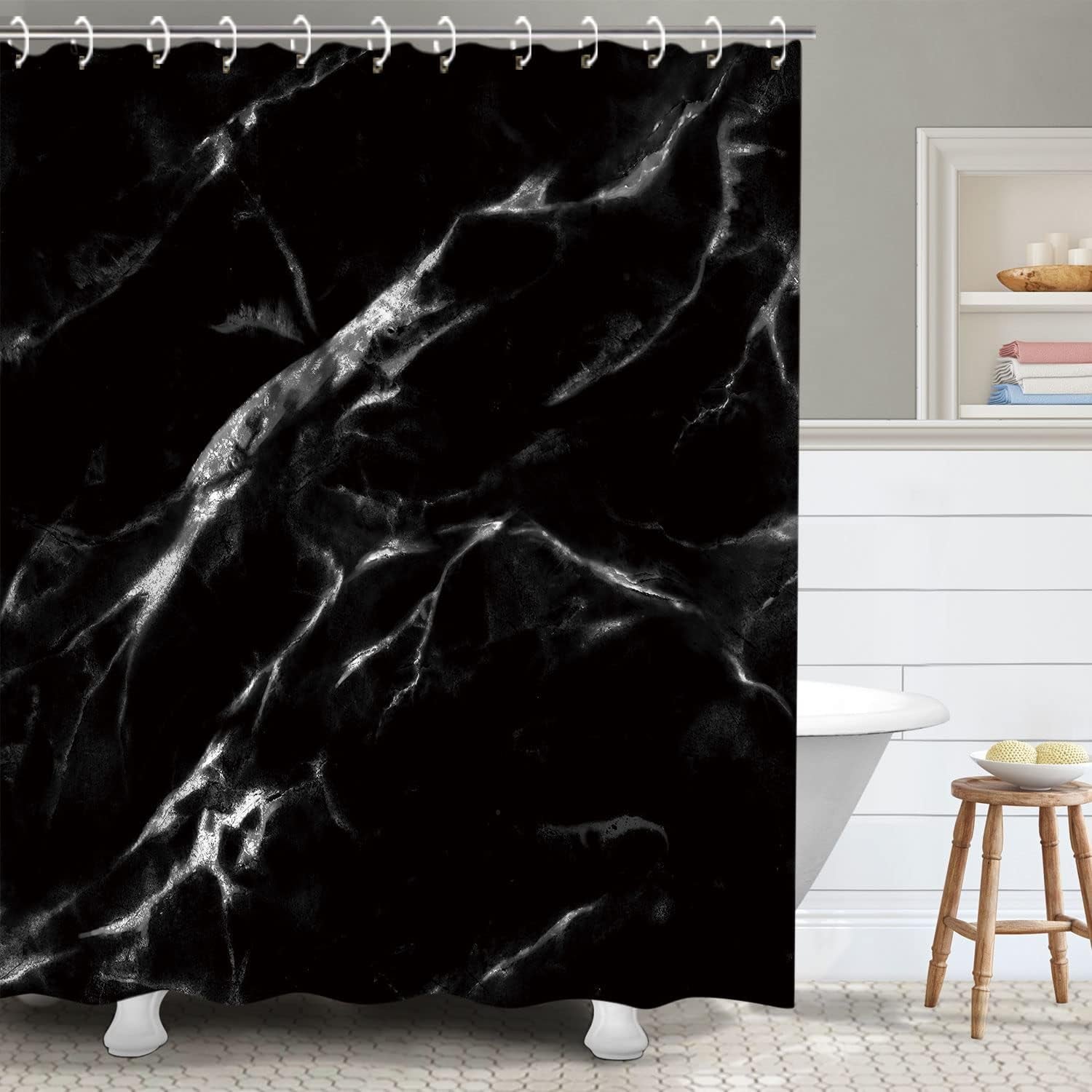 Black Shower Curtain, Marble Shower Curtain, Shower Curtain Black, Shower Curtain Marble, Black Marble Shower Curtain Set with 12 Hooks, Bathroom Decor, 72Wx72H