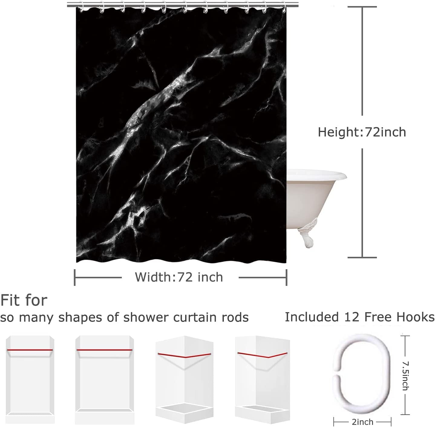 Black Shower Curtain, Marble Shower Curtain, Shower Curtain Black, Shower Curtain Marble, Black Marble Shower Curtain Set with 12 Hooks, Bathroom Decor, 72Wx72H