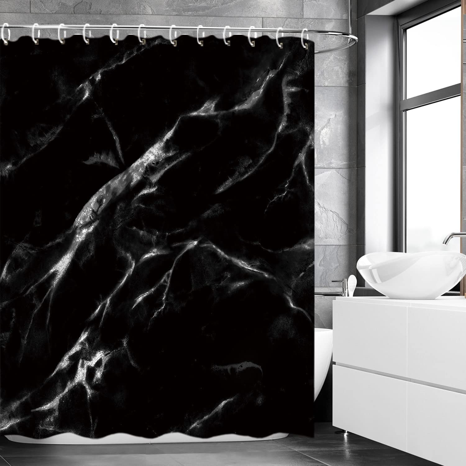 Black Shower Curtain, Marble Shower Curtain, Shower Curtain Black, Shower Curtain Marble, Black Marble Shower Curtain Set with 12 Hooks, Bathroom Decor, 72Wx72H