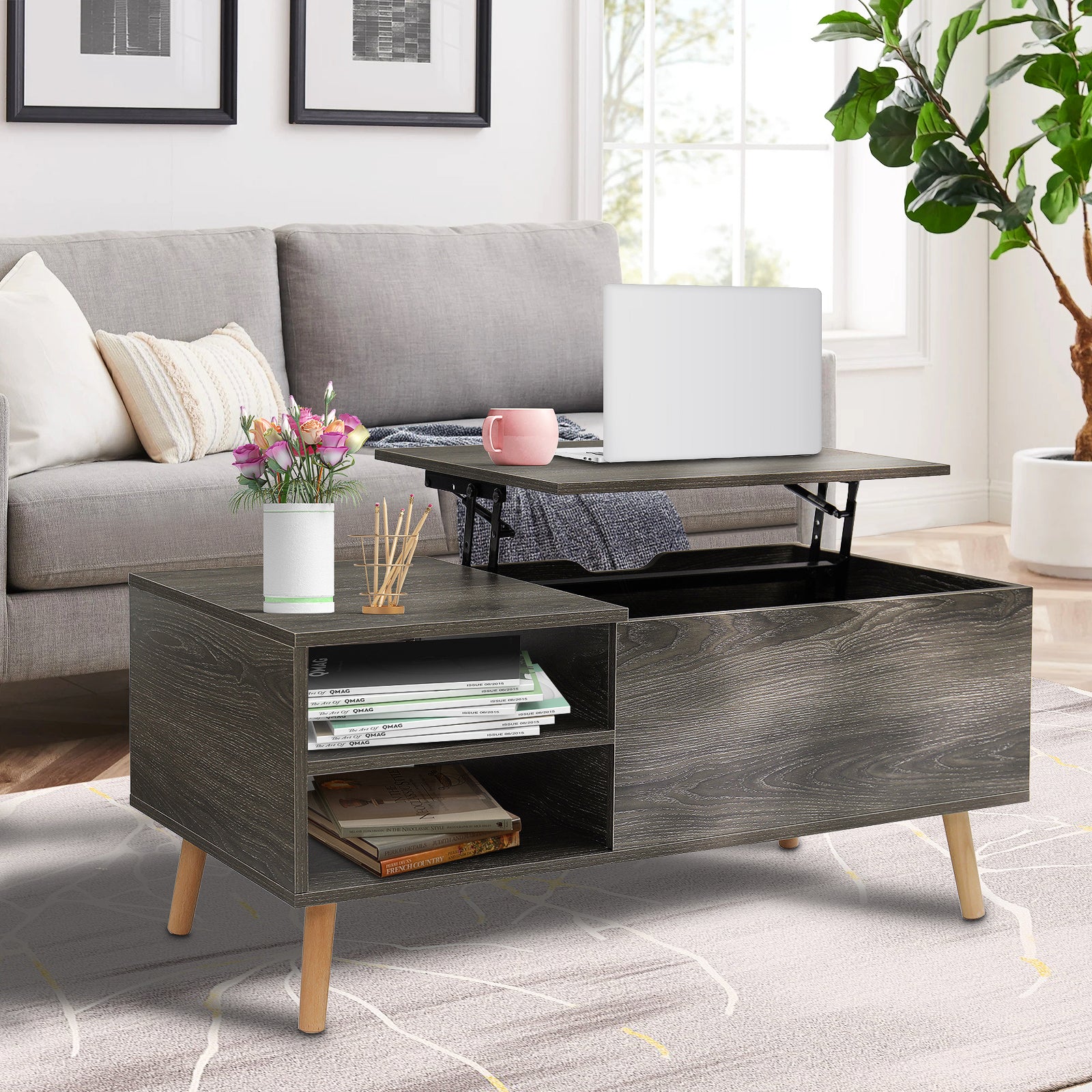 Hommpa Lift Top Coffee Table with Hidden Storage and Side Drawer Charging Station for Home Living Room