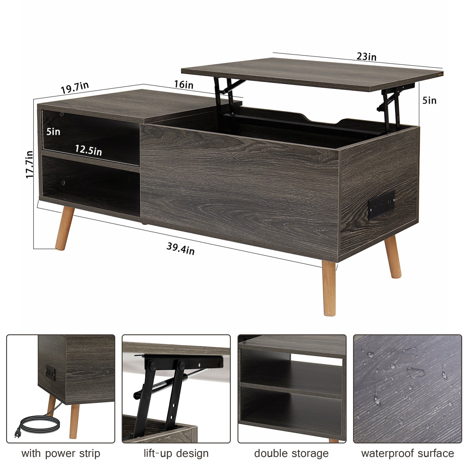 Hommpa Lift Top Coffee Table with Hidden Storage and Side Drawer Charging Station for Home Living Room