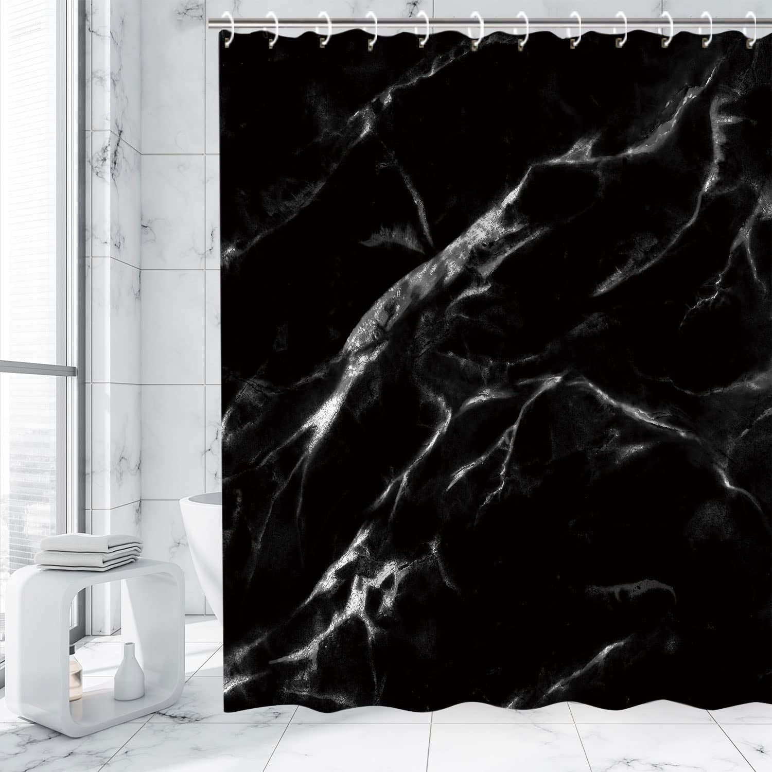 Black Shower Curtain, Marble Shower Curtain, Shower Curtain Black, Shower Curtain Marble, Black Marble Shower Curtain Set with 12 Hooks, Bathroom Decor, 72Wx72H