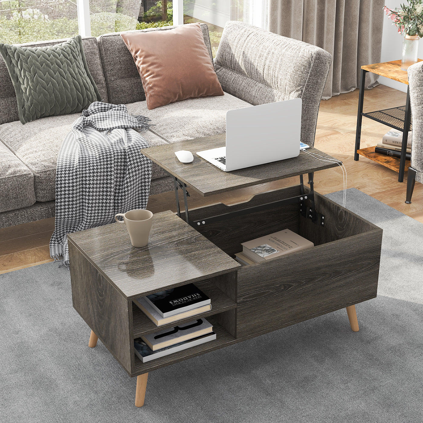 Hommpa Lift Top Coffee Table with Hidden Storage and Side Drawer Charging Station for Home Living Room